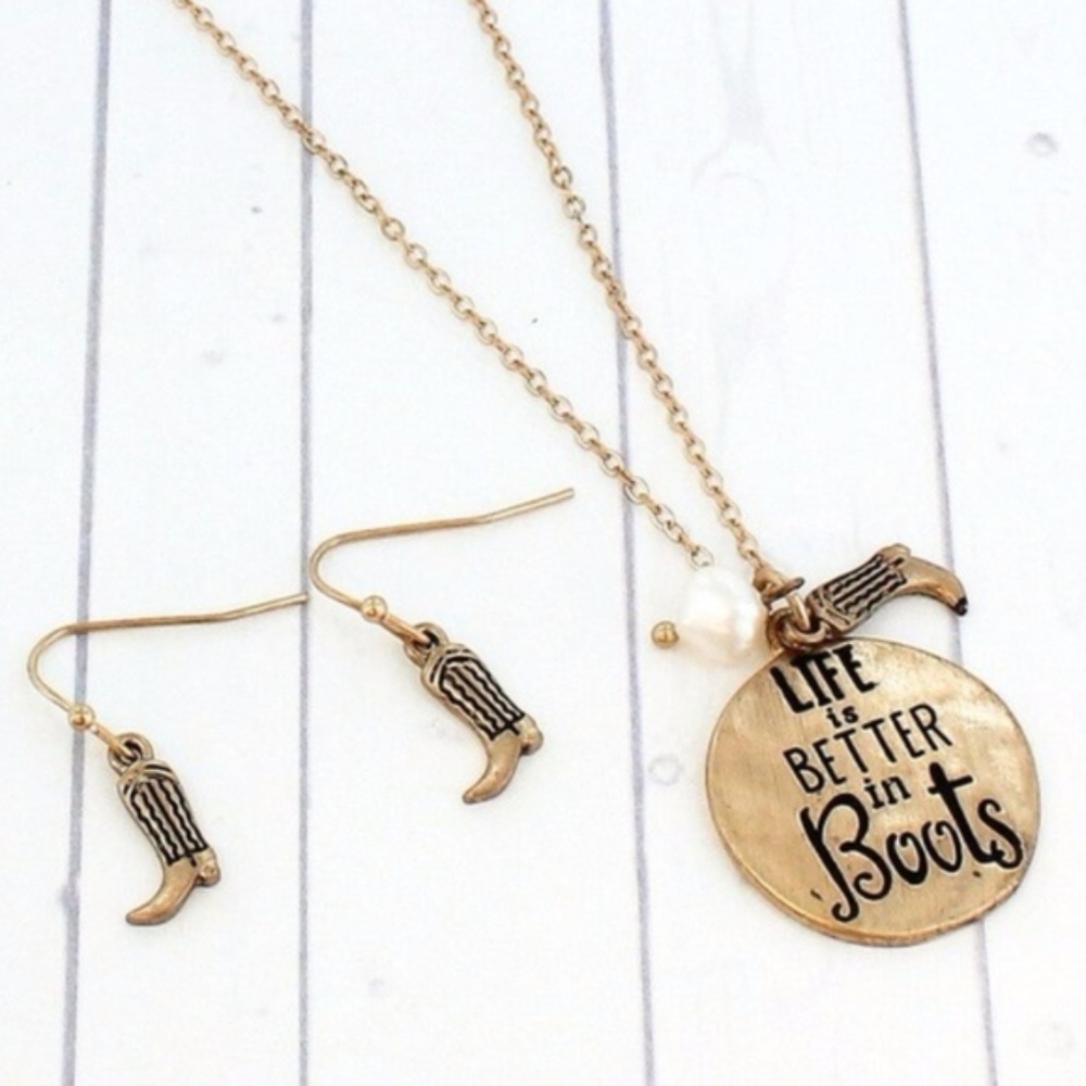Goldtone 'Life Is Better In Boots' Necklace Set